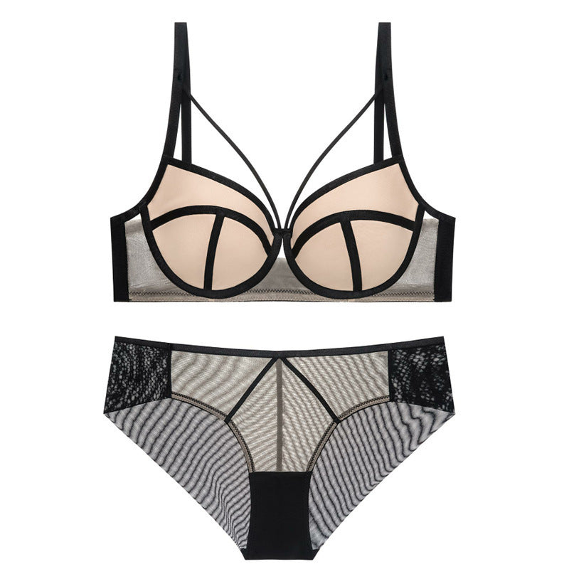 Midnight Lace: Hollow-Out Strappy Underwire Bra & Panty Set