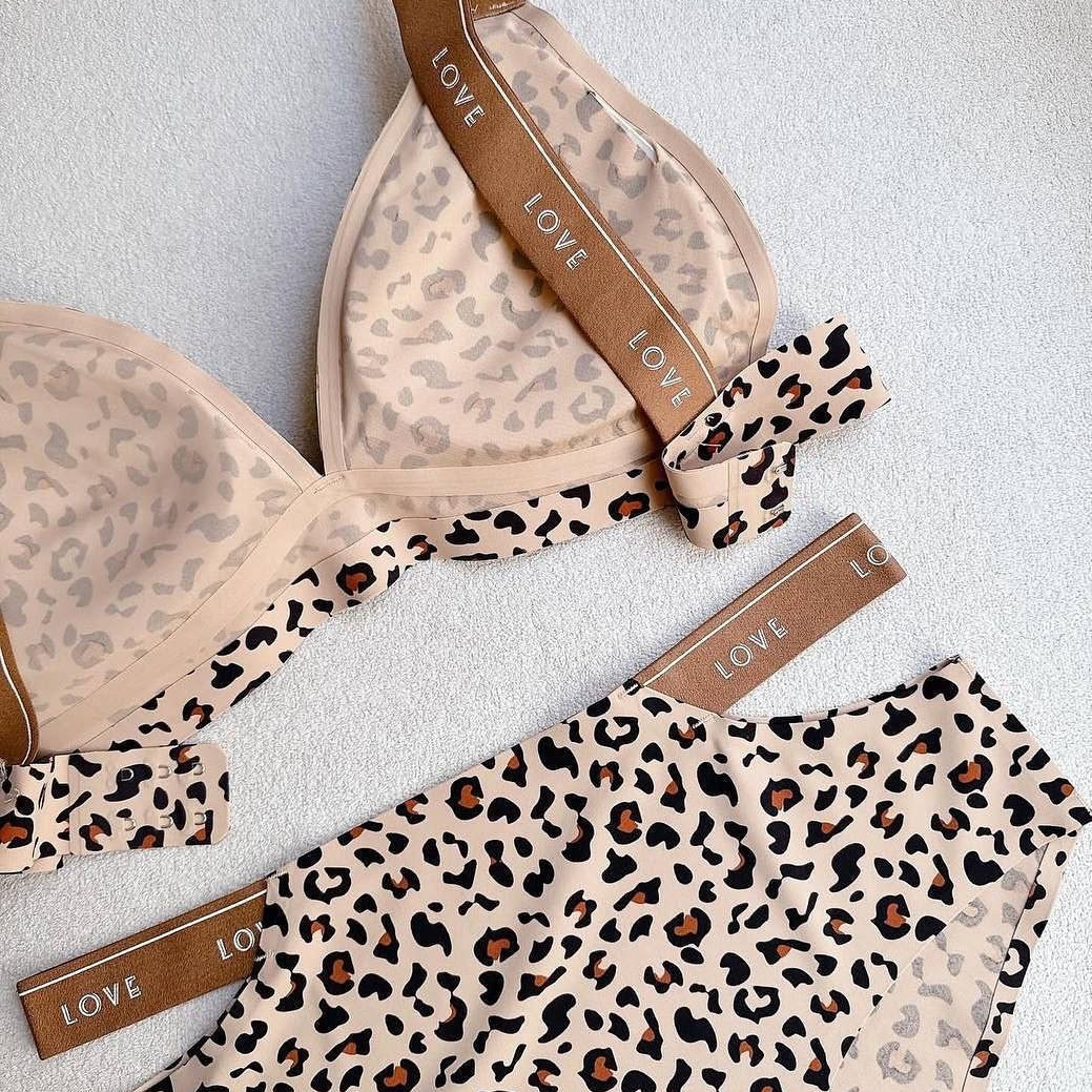 Trendy Leopard Print Logo-Band Bralette and High-Waisted Panty Set