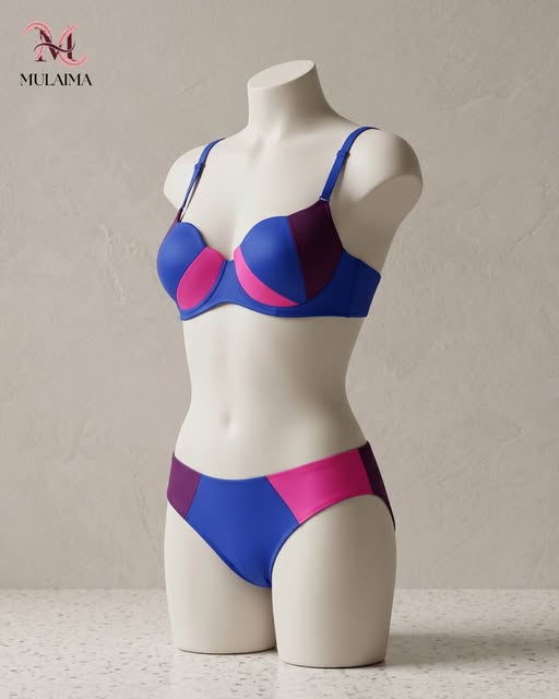 Cobalt and pink colour-block bra set