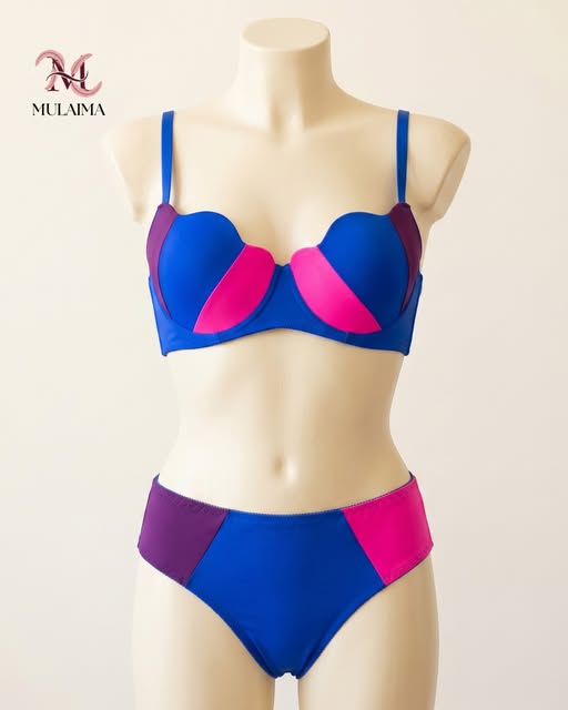 Blue colour-block balconette bra set