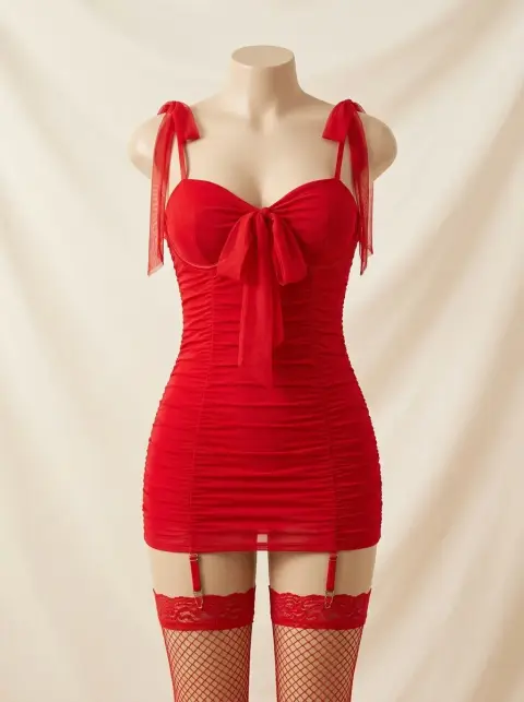 Black and Red Ruched Mini Dress with Garter Straps (view 2)