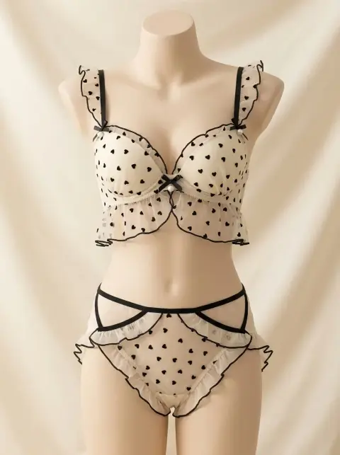 Black Heart Embroidery Push-Up Bra and Lace Panty Set