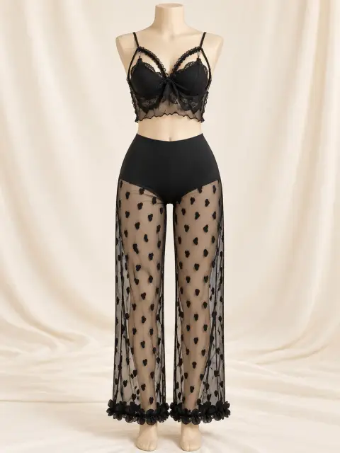 Black Heart Mesh Bralette and Wide-Leg Pants Set