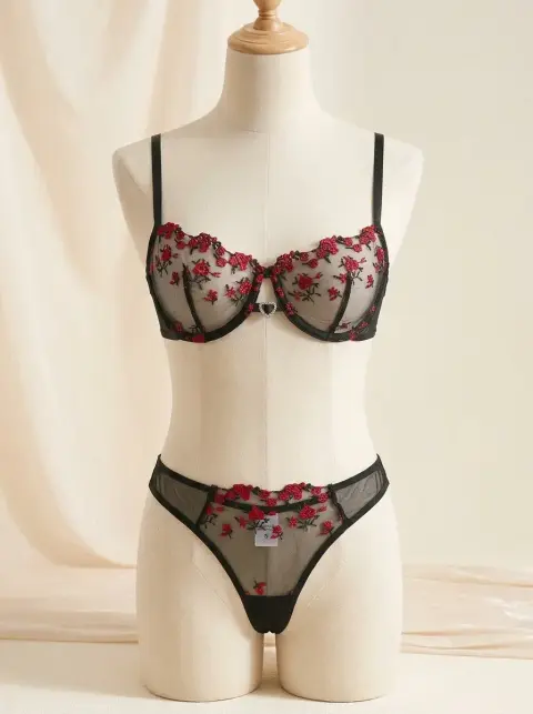 Black Sheer Mesh Wired Bra Set with Red Rose Embroidery