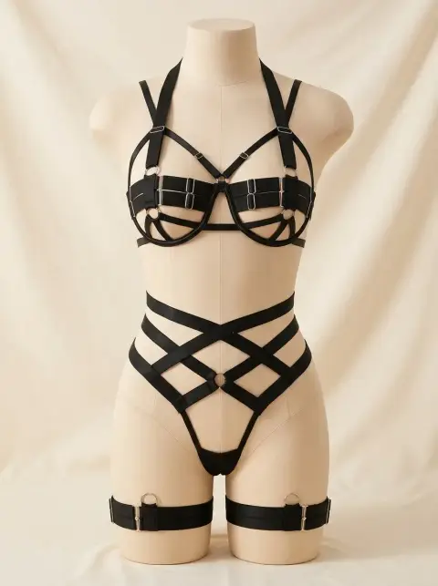 Black Strappy Bra and Panty Set with Thigh Bands