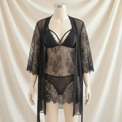 Double Layer Gown Sleep Set with Cross Neckline, 3 Pieces