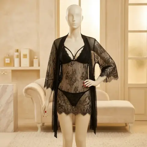 Double Layer Gown Sleep Set with Cross Neckline, 3 Pieces (view 2)