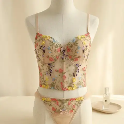 Embroidered French Cami Set with Padded Push-Up