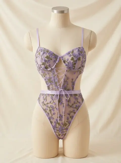 Embroidered Mesh Strap Jumpsuit Lingerie