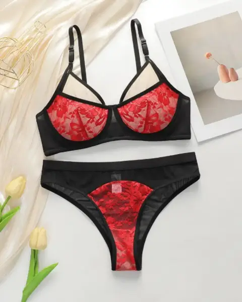 Festive Red Lace Push-Up Bra Set