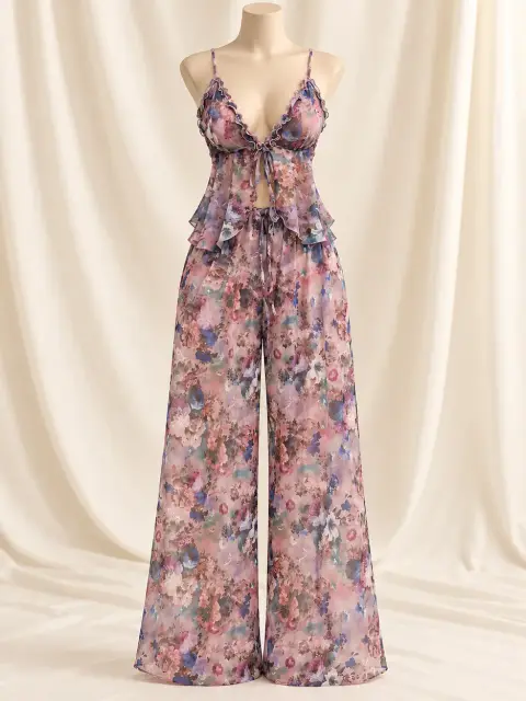 Floral Chiffon Wrap Cami and Pants Set