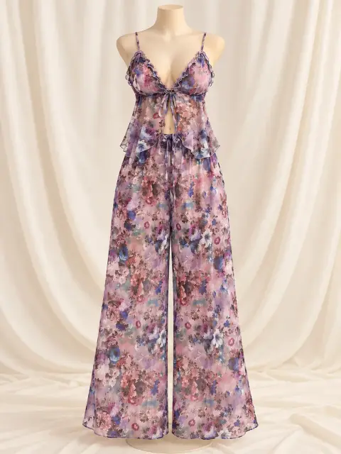 Floral Chiffon Wrap Cami and Pants Set (view 3)