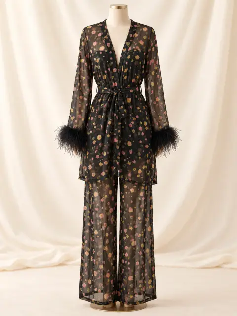 Floral Robe Set with Feather Cuffs