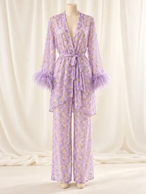 Floral Robe Set with Feather Cuffs (view 2)