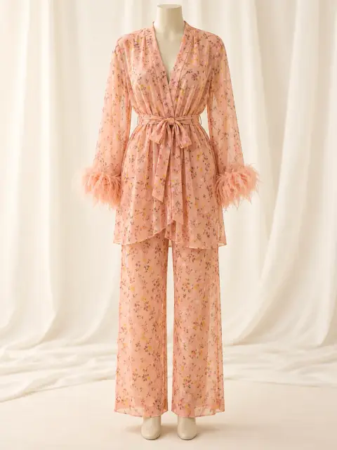 Floral Robe Set with Feather Cuffs (view 3)