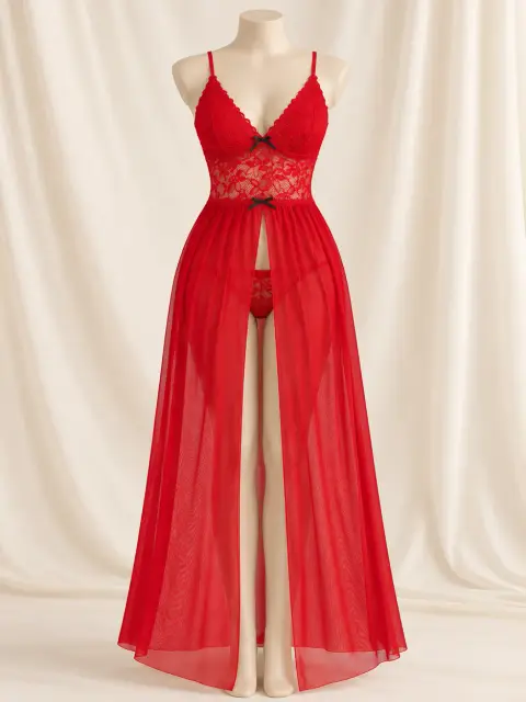 Flowing Sheer Maxi Gown with Lace Cups and Front Slit