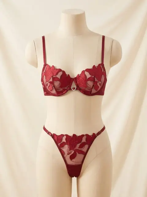 Heart Charm Floral Embroidered Wired Bra Set