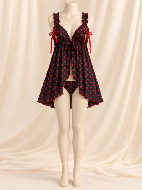 Heart Print Babydoll Nightdress with Matching Brief