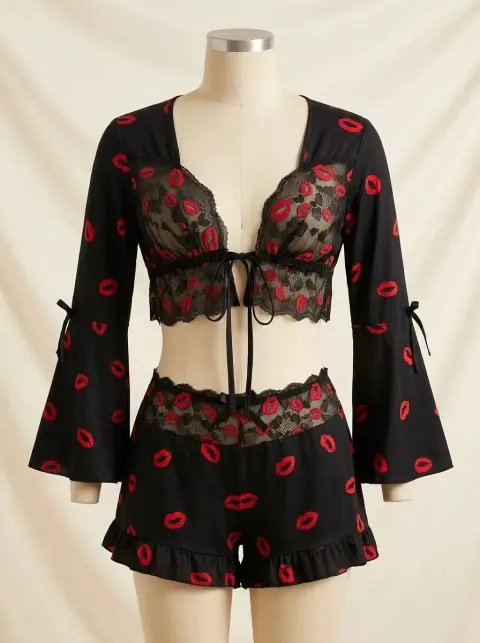 Kiss Print 3 Piece Lingerie Set for Women