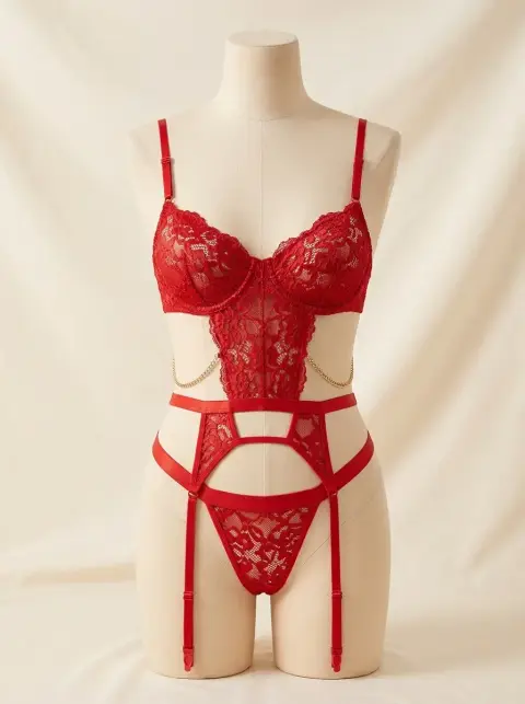 Lace and Chain Bra and Panty Lingerie Set