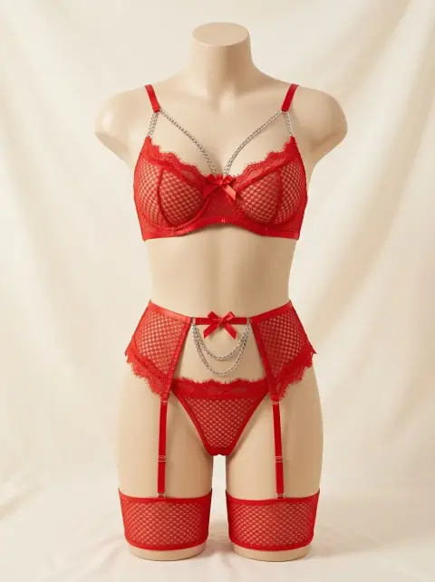 Lace Garter Lingerie Set in Red, Pink and Black (view 2)