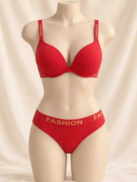 Letter Print Padded Push-Up Bra Set