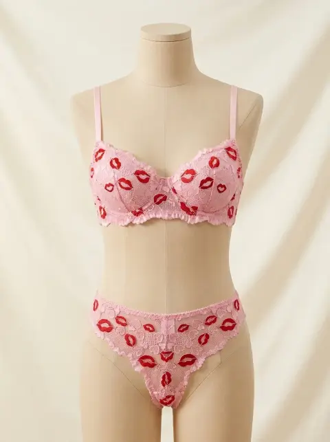 Lip Print Pink Lace Lingerie Set