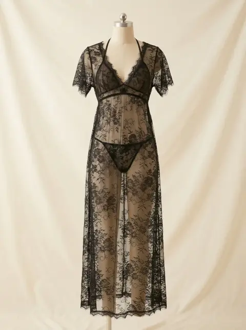 Midnight Black Sheer Lace Lingerie Set