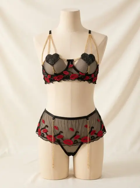 Playful Kiss Print Lingerie Set, Premium Edition