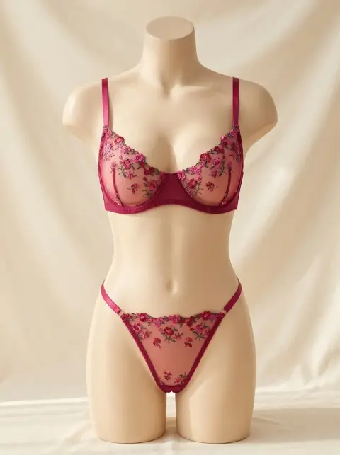 Sheer Floral Lace Bra Set with Thong