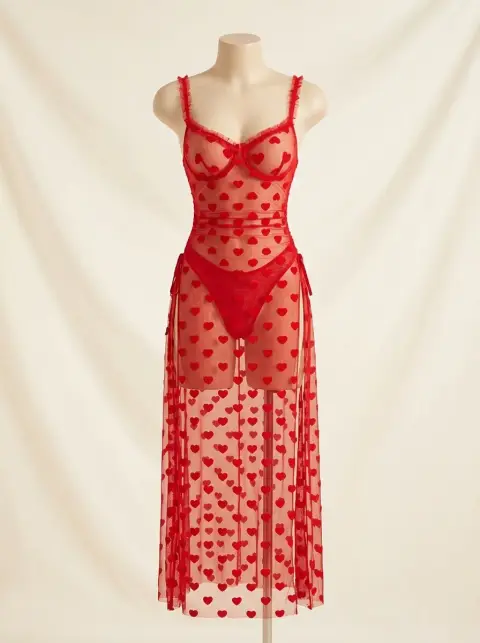 Sheer Mesh Gown with Red Hearts and Gloves