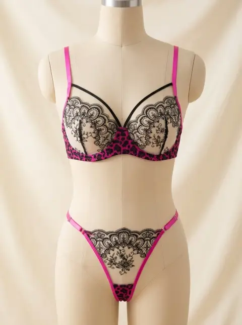 Sheer Net Bra Set with Lace Trim