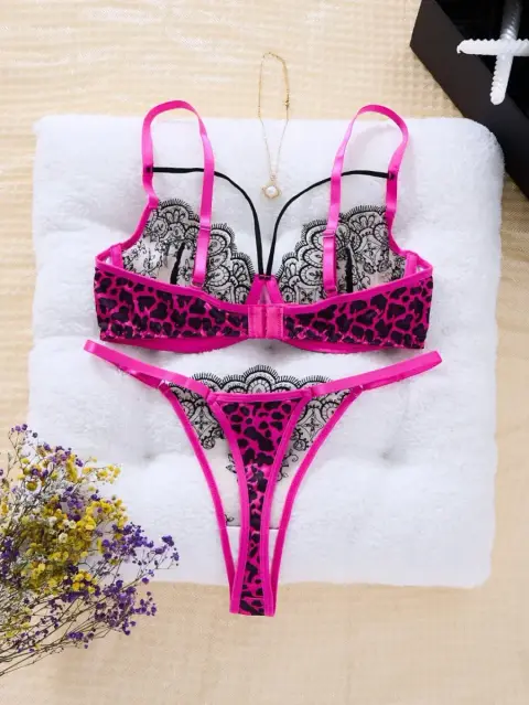 Sheer Net Bra Set with Lace Trim in Pink