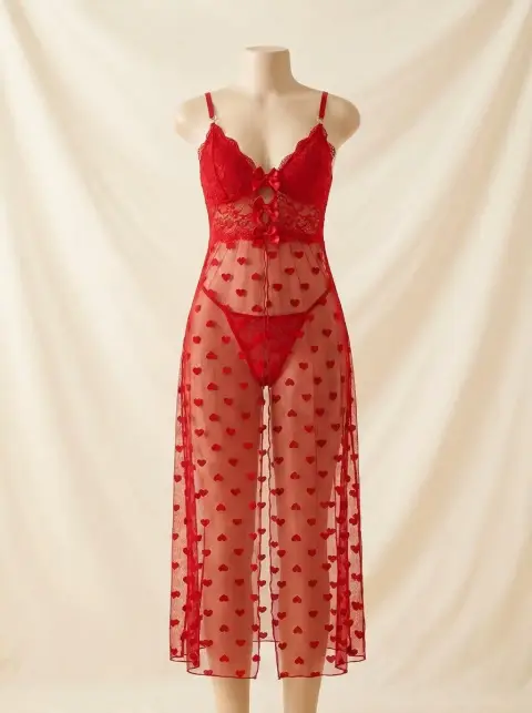 Sheer Net Lace Set in Black, White and Red