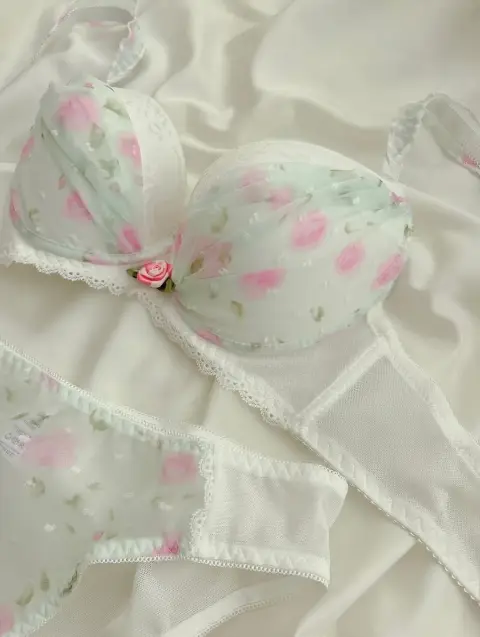 Soft Mesh Floral Embroidery Bra and Panty Set in White