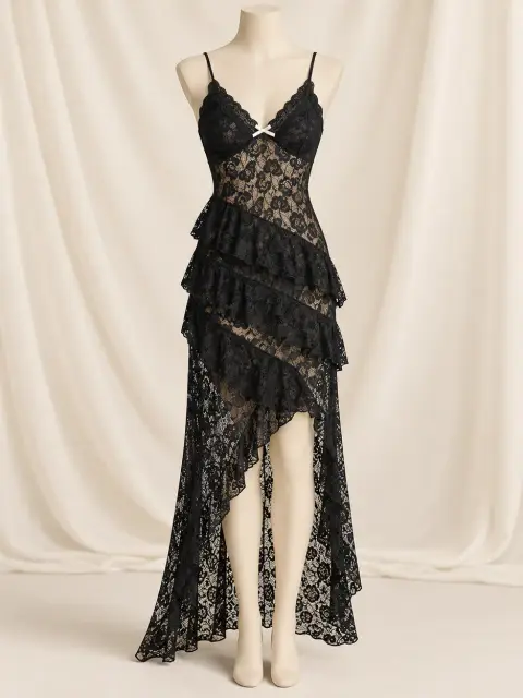 Tiered Floral Lace Nightgown with Open Back