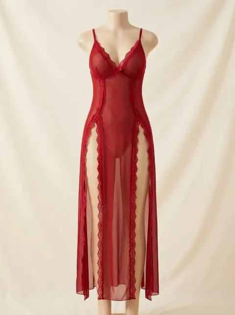 Wine Lace Maxi Nightgown with Double Side Slits